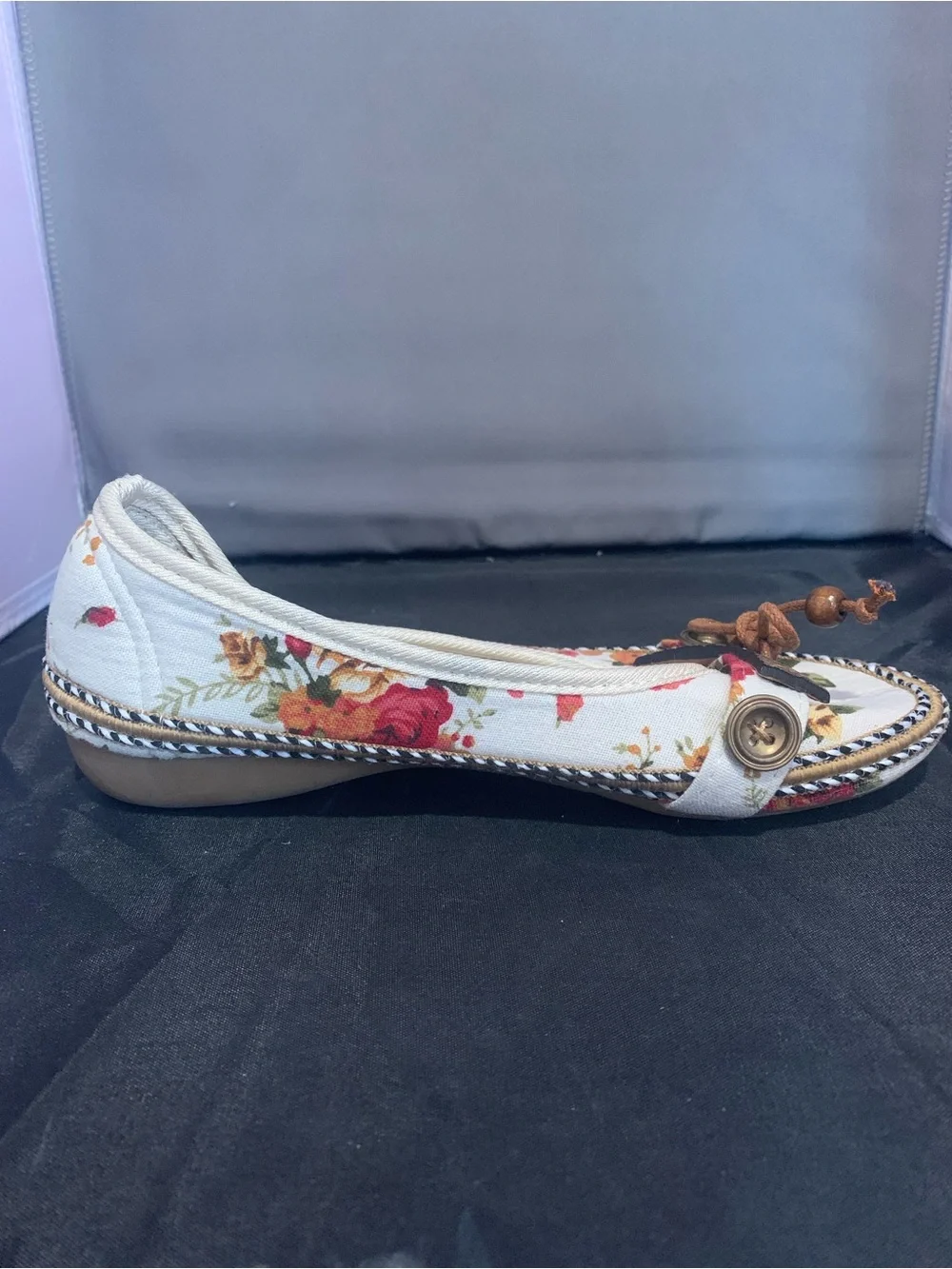 Floral Canvas Slip-On Flats with Brown Bow Detail - White Floral